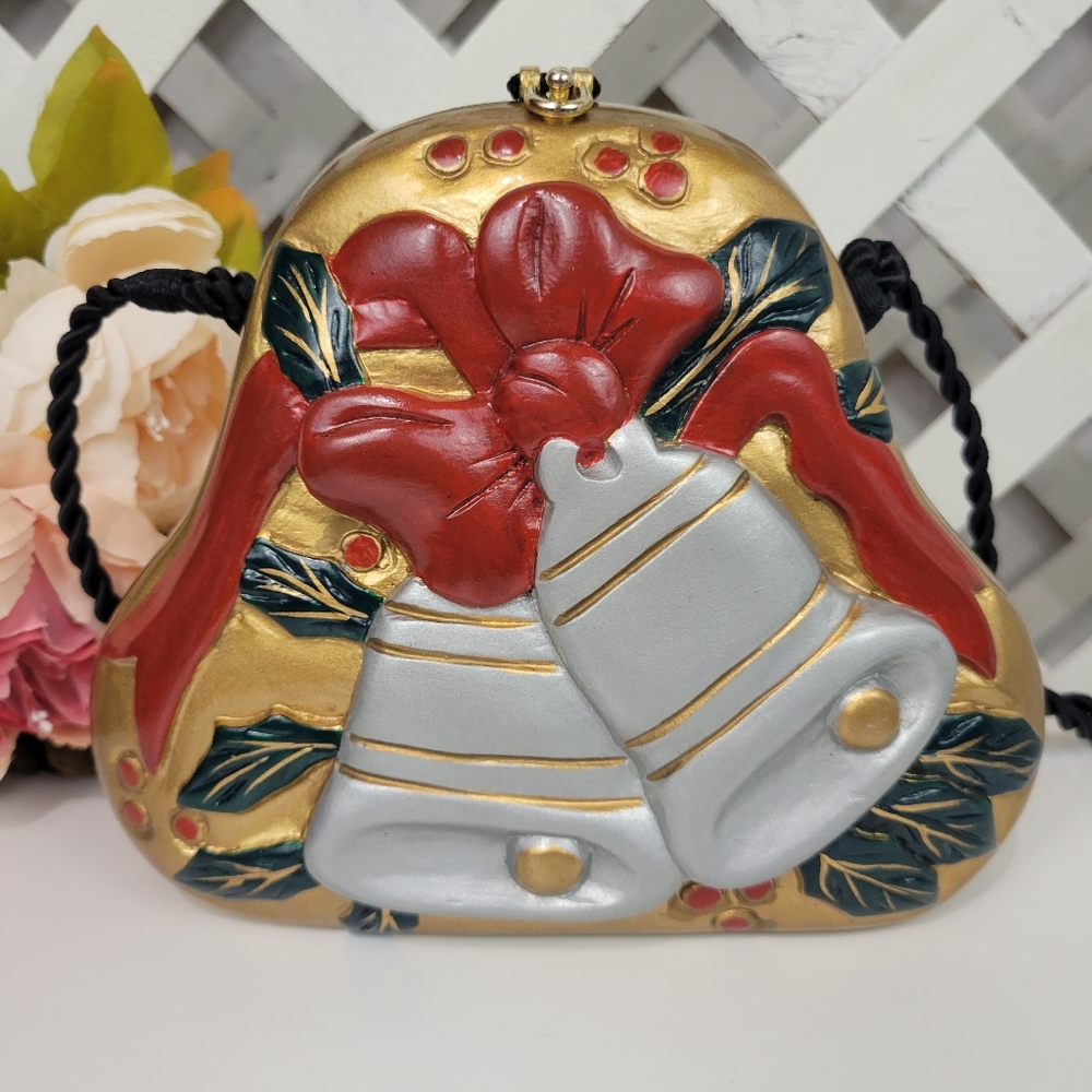 Rare Vintage Timmy Woods Holiday Bells Wooden Handbag Crossbody Purse